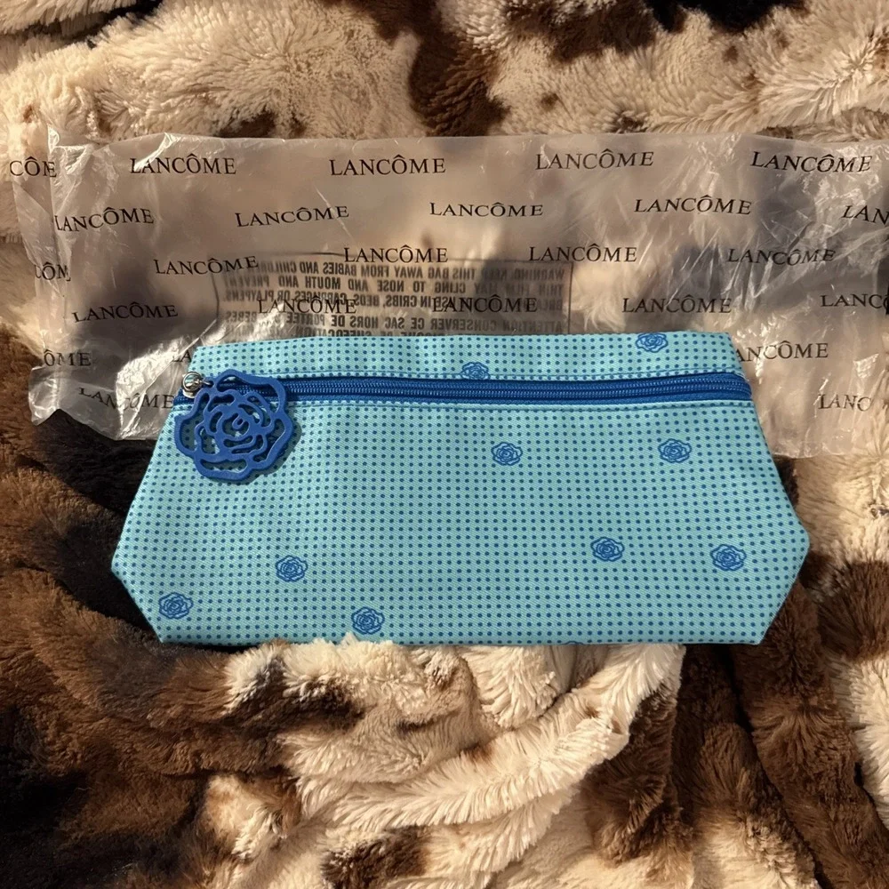 Lancome Cosmetic Makeup Bag - Teal with Blue Polka Dot & Flower Design - New